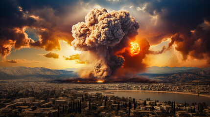 A war scene and the explosion of a bomb falling in the middle of the city. Middle eastern city and building style. Smoke and flames over city. War scene, 3D illustration  - obrazy, fototapety, plakaty