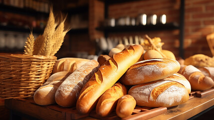 Fresh bread on bakery counter, Different types of delicious bread loaves, bread buns, bread rolls, baguettes, and bagels on baker shop shelves in baskets - obrazy, fototapety, plakaty