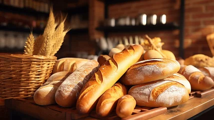 Foto op Canvas Fresh bread on bakery counter, Different types of delicious bread loaves, bread buns, bread rolls, baguettes, and bagels on baker shop shelves in baskets © Birol Dincer 