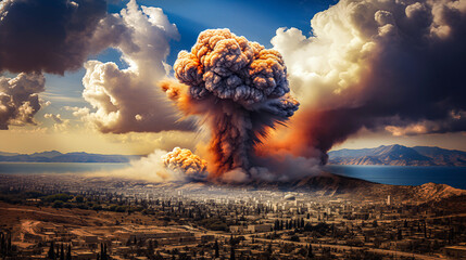 A war scene and the explosion of a bomb falling in the middle of the city. Middle eastern city and building style. Smoke and flames over city. War scene, 3D illustration  - obrazy, fototapety, plakaty