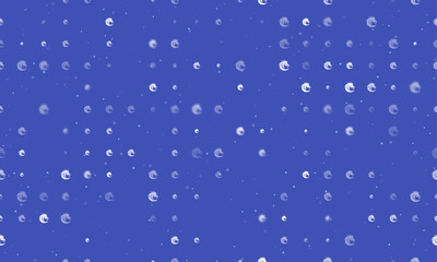 Seamless background pattern of evenly spaced white dragon's head symbols of different sizes and opacity. Vector illustration on indigo background with stars