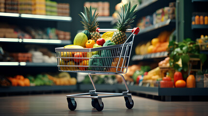 Shopping trolley full of fruit, vegetables and greens in a supermarket aisle - obrazy, fototapety, plakaty