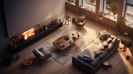 Aerial view of a comfortable living room with two sofas and a coffee table and a fireplace