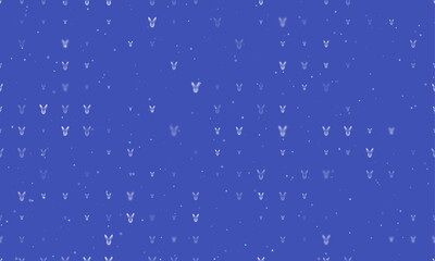 Seamless background pattern of evenly spaced white hare's head symbols of different sizes and opacity. Vector illustration on indigo background with stars