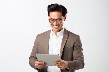 smiling man wearing glasses and holding a tablet, a smiling man reading from a tablet 
