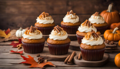 Fall pumpkin spice cupcakes with creamy frosting and autumn toppings