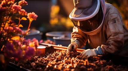 Diligent Beekeeper Examining Hive: Expert Inspection of Honeybee Colony. Generative AI.