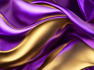 Fototapeta premium Luxurious wallpaper background with 3D wavy bright golden and purple gradient silk fabric. Beautiful trendy smooth elegant 3d silk or satin luxury cloth texture. Generative Ai. 