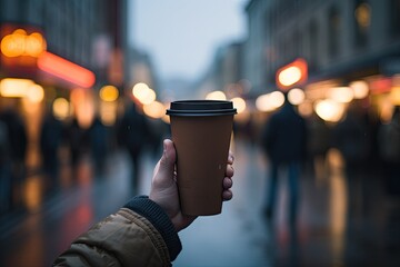 a person holding up a coffee cup on a city street Generative AI - obrazy, fototapety, plakaty