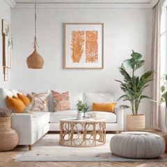 interior of modern living room with white sofa, coffee table and plants. Poster on a white wall in modern Boho-style living room.