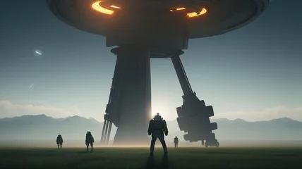 Crédence de cuisine en verre imprimé UFO Aliens standing in a large field with their spacecraft behind them