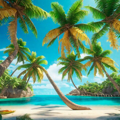 Tropical beach with palm trees and turquoise sea.
