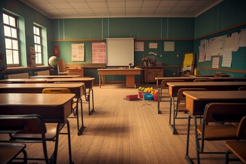 Modern Classroom Setup with Vibrant Décor and Organized Furniture, Classroom without students. 