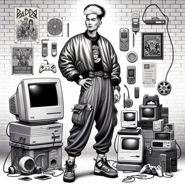 A nostalgic man clad in retro clothing stands before a sea of y2k computer devices, lost in a cartoonish sketch of memories and emotions, encapsulating the essence of a bygone era indoors