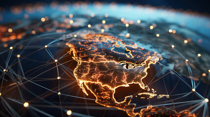 Global communication concept, globalization and networking with map of United States in middle of frame
