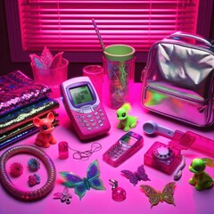 A vibrant table of retro items from the y2k era, adorned with magenta and pink accents, evoking feelings of nostalgia and whimsy, set against a purple wall covered in playful text