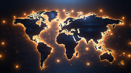 World map with nodes linked by lines, communication and globalizatiuon concept