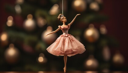 Photo of a Graceful Pink Ballerina Ornament Adorning a Festive Christmas Tree - obrazy, fototapety, plakaty
