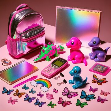 A vibrant collection of retro y2k school supplies and toys, filled with nostalgia and cartoon characters in shades of purple, magenta, and violet, bringing back memories of indoor playtime and imagin