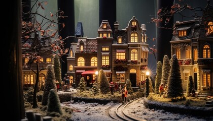 Photo of a Festive Christmas Village with a Charming Train on the Tracks