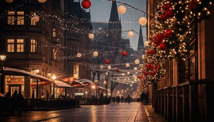 Photo of a Festive Evening in the Sparkling City Lights