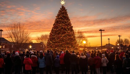 Photo of a Festive Gathering Around a Majestic Christmas Tree