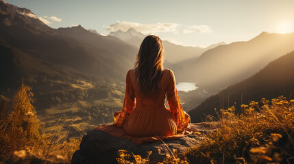 Young woman meditating on a mountain. Surrounded by nature. Back view. High quality - obrazy, fototapety, plakaty