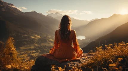 Foto op Canvas Young woman meditating on a mountain. Surrounded by nature. Back view. High quality © Creator