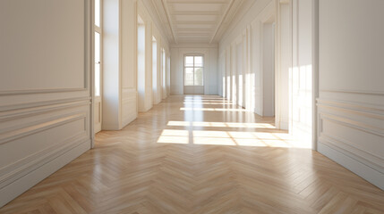 Obraz premium Aerial view of a spacious hallway with a wooden floor and white walls