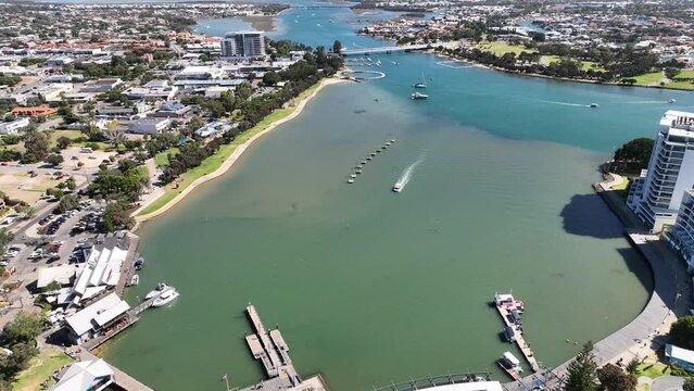 aerial view river boats mandurah 4k