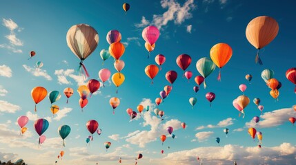Fototapeta premium Various Kites Flying On Blue Sky, Bright Background, Background Hd