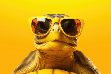 Cute turtle wearing sunglasses on yellow background