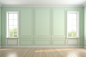 Obraz premium Green classic wall background, brown parquet floor, interior bright empty room with windows