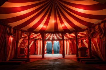 Inside interior circus tent, arena features stage and ring beneath red and white striped top,...