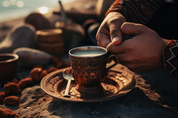 Man's hands and vintage cup of coffee in close up by the sea shore, morning drink with an arabic or turkish an outdoor
