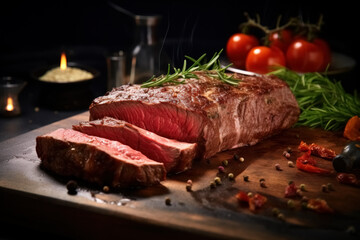 Mouthwatering medium rare steak, grilled and roasted. Succulent beef, presented in large piece and sliced on cutting board dark rustic background - obrazy, fototapety, plakaty