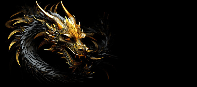 Dragon head from metal and gold on black background with copy space, sketch for tattoo. Chinese, mythology, culture, fantasy character