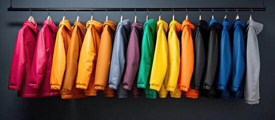 A collection of numerous jackets and coats are being hung in the store