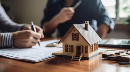 Concept for selling a house and home insurance. Signing a house purchase and sale agreement, housing rental, property insurance - obrazy, fototapety, plakaty