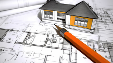 House layout on the table against the background of an architectural drawing, background house plan