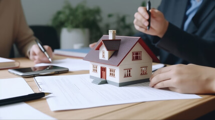 Fototapeta na wymiar Concept for selling a house and home insurance. Signing a house purchase and sale agreement, housing rental, property insurance
