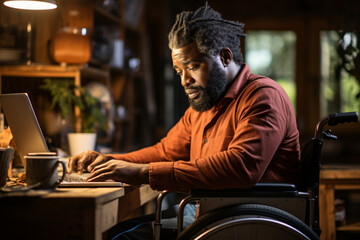 Focused black disabled man in wheelchair working with documents, using laptop at home office. Handicapped Afro man sitting at desk with computer, checking financial reports.
