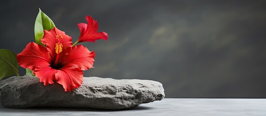 A background of grey hosts a reddish hibiscus resting on a stone in a spa setting - obrazy, fototapety, plakaty