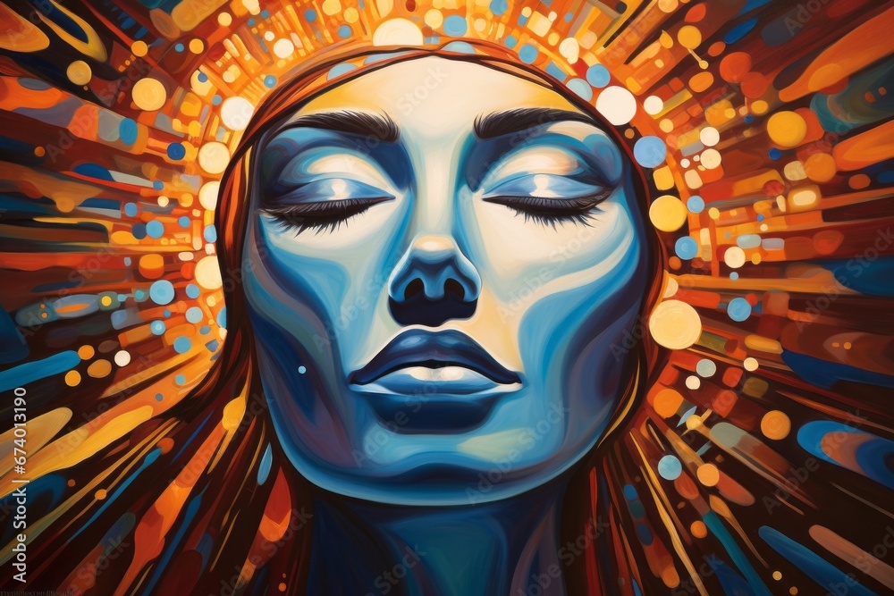 Poster A close-up of an abstract human face with eyes closed, radiating a serene aura, representing the inner power of the creator in a state of deep reflection.