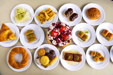 Table scene of assorted take out or delivery foods. Traditional Turkish cuisine. Various Turkish meal and appetizers. Top down view on a table.