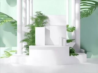 3D renders beautiful white podium for small products display backdrop, templates with natural green leaves plant twig, sunlight and foliage leaves shadow. Generative Ai.