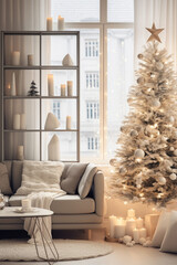 Cozy stylish living room in pastel color with sofa, pillows and plaid, selving with trinkets, table and carpet. Decorated christmas tree with star and burning candles, new year's home decor 