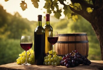 Bottles and wineglasses with grapes and barrel in rural scene background Traditional winemaking