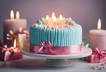 Birthday cake with candles and wrapped present with a satin bow Colorful white frosted cake