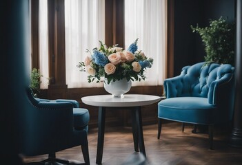 Flower bouquets in large modern interior home with blue chair